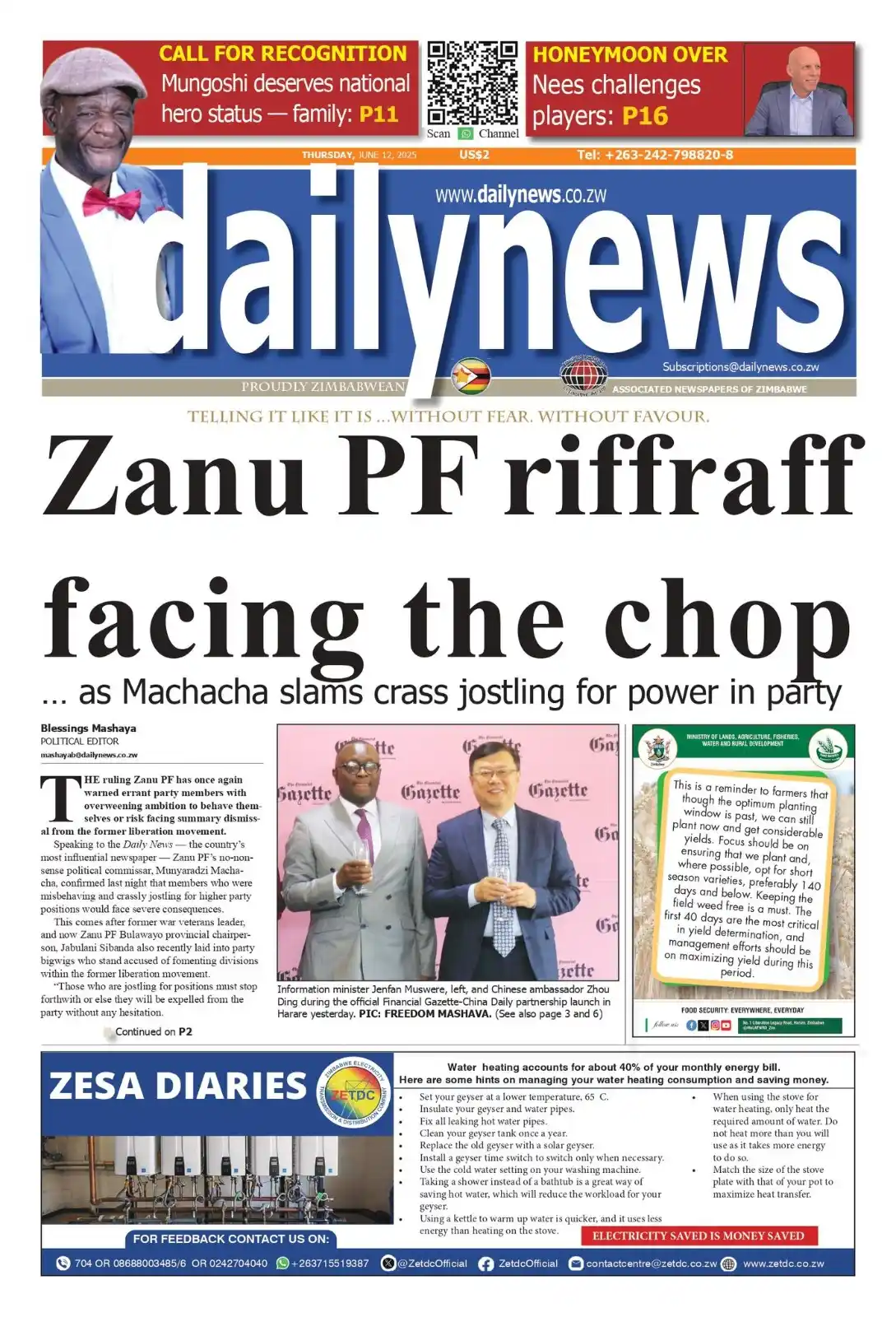 Image from 3ktv Zimbabwe (Dstv Channel 293): 11 JUNE 2025 DAILYNEWS FRONT PAGE...