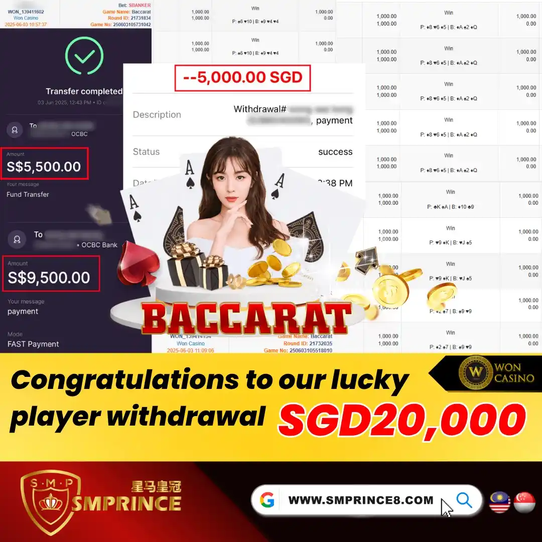 Image from 👑SMPRINCE星马皇冠👑: 🃏 百家乐带来大笔财富!💰 🎉 热烈祝贺在Won Casino玩百家乐的幸运玩家,刚刚成功兑现了惊人的20,000新加坡元!✨ ...