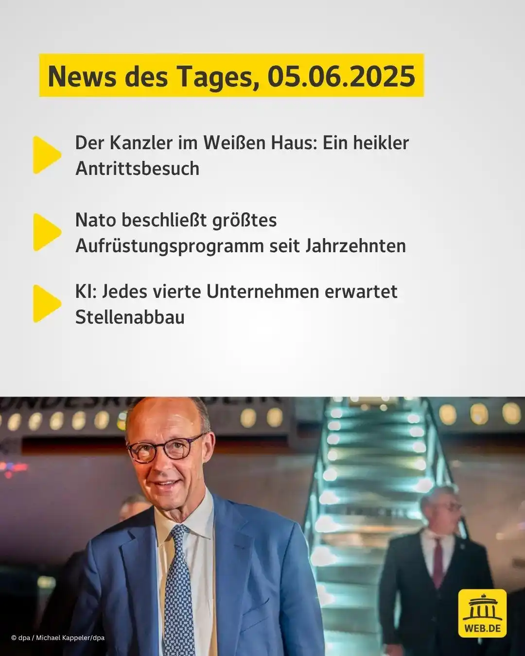Image from WEB.DE News: ▶️ Bundeskanzler Friedrich Merz trifft am Donnerstag im Weißen Haus zu...