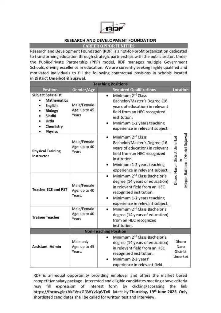 Image from 🇵🇰 Sindh Jobs Updates: Career Opportunities RDF is hiring passionate educators & staff for ...