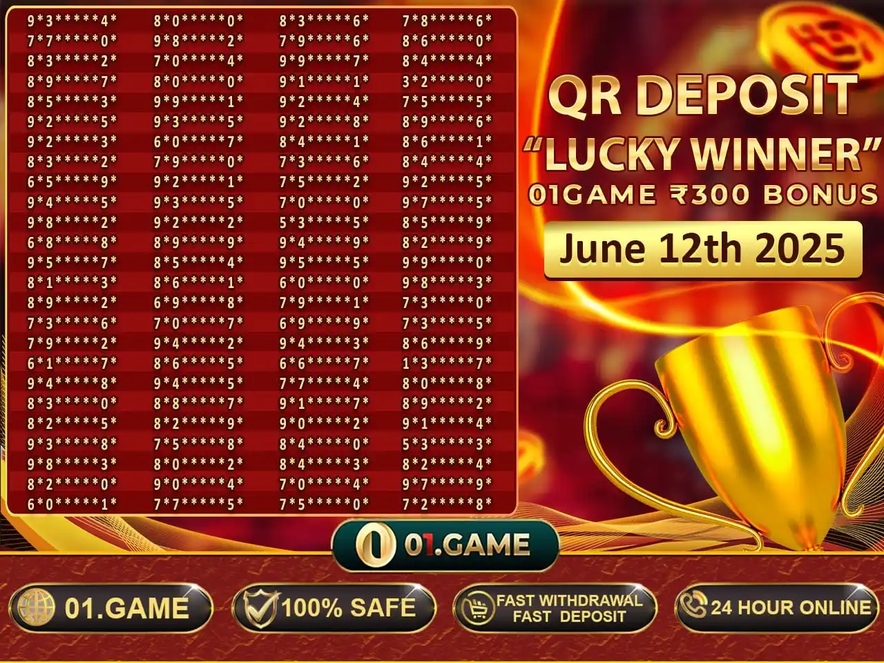 Image from 01.GAME: 👑Congratulations to the 100 fortunate players who won the ₹300 bonus ...