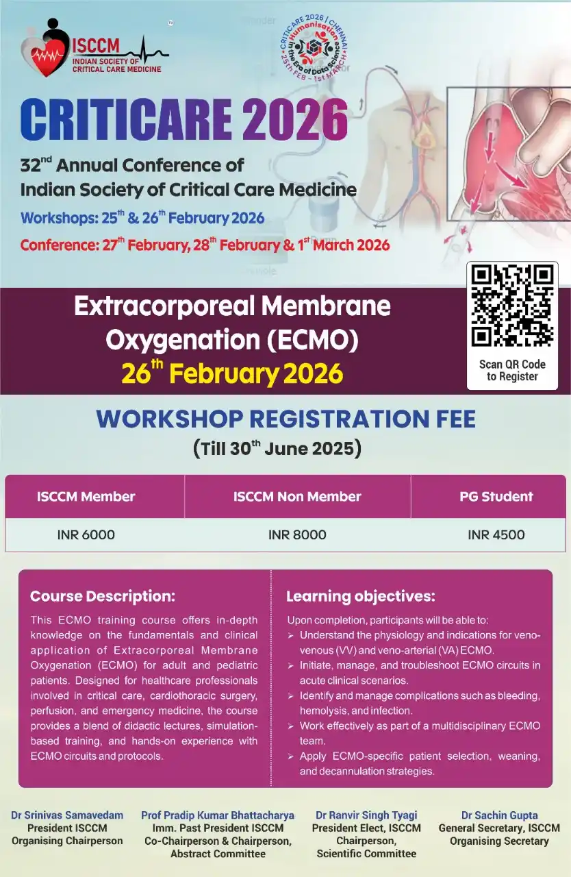 Image from ISCCM Connect: *CRITICARE 2026, Chennai* *Extracorporeal Membrane Oxygenation (ECMO)...