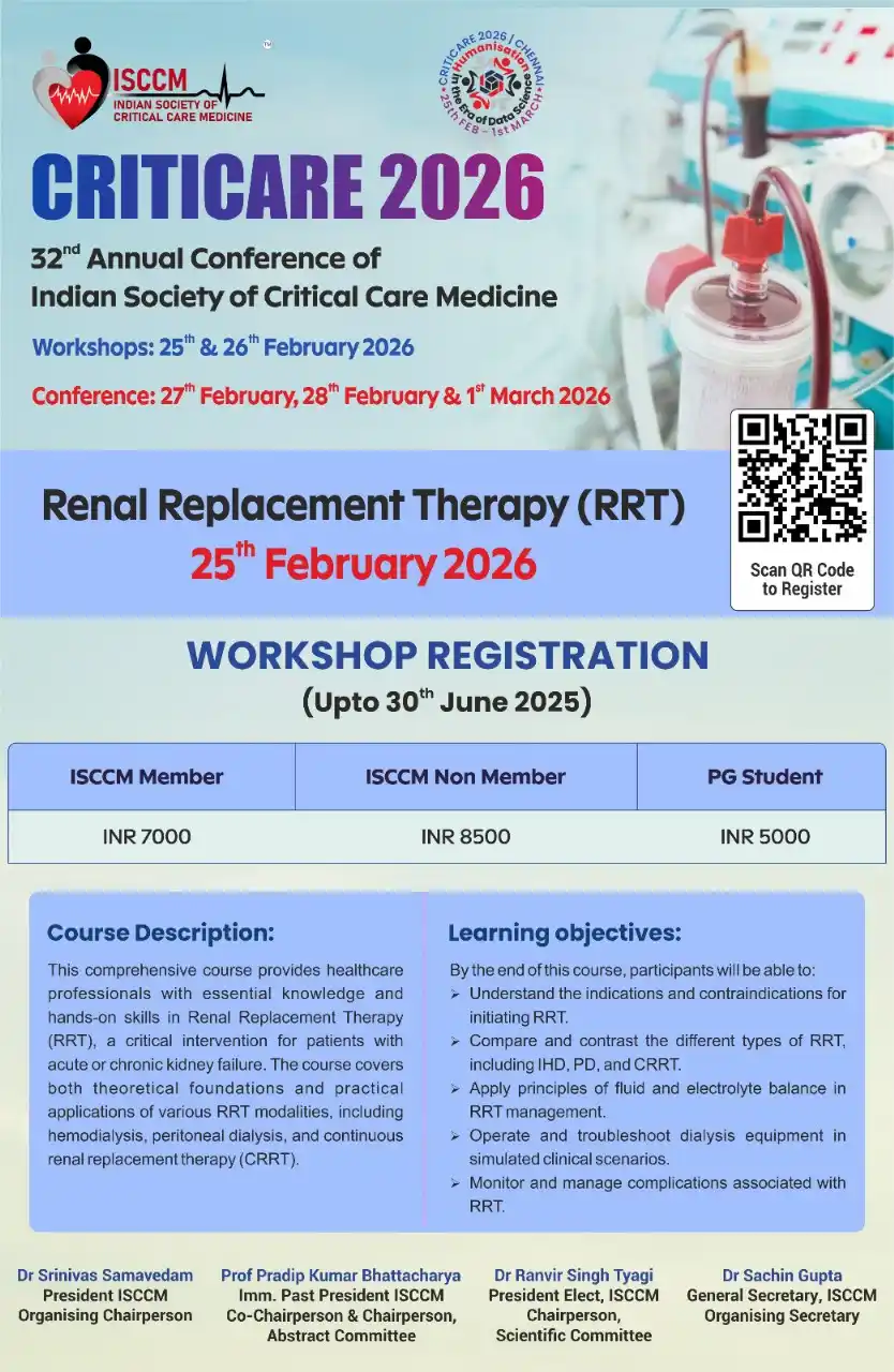Image from ISCCM Connect: *CRITICARE 2026, Chennai* *Renal Replacement Therapy (RRT)* 25th Feb...