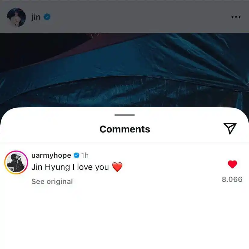 Image from BTS 🧾⟭⟬💜BANGTAN & ARMY ⟭⟬: — Jhope comentó la publicación de Jin en Instagram 🐿️: "Jin hyung te...