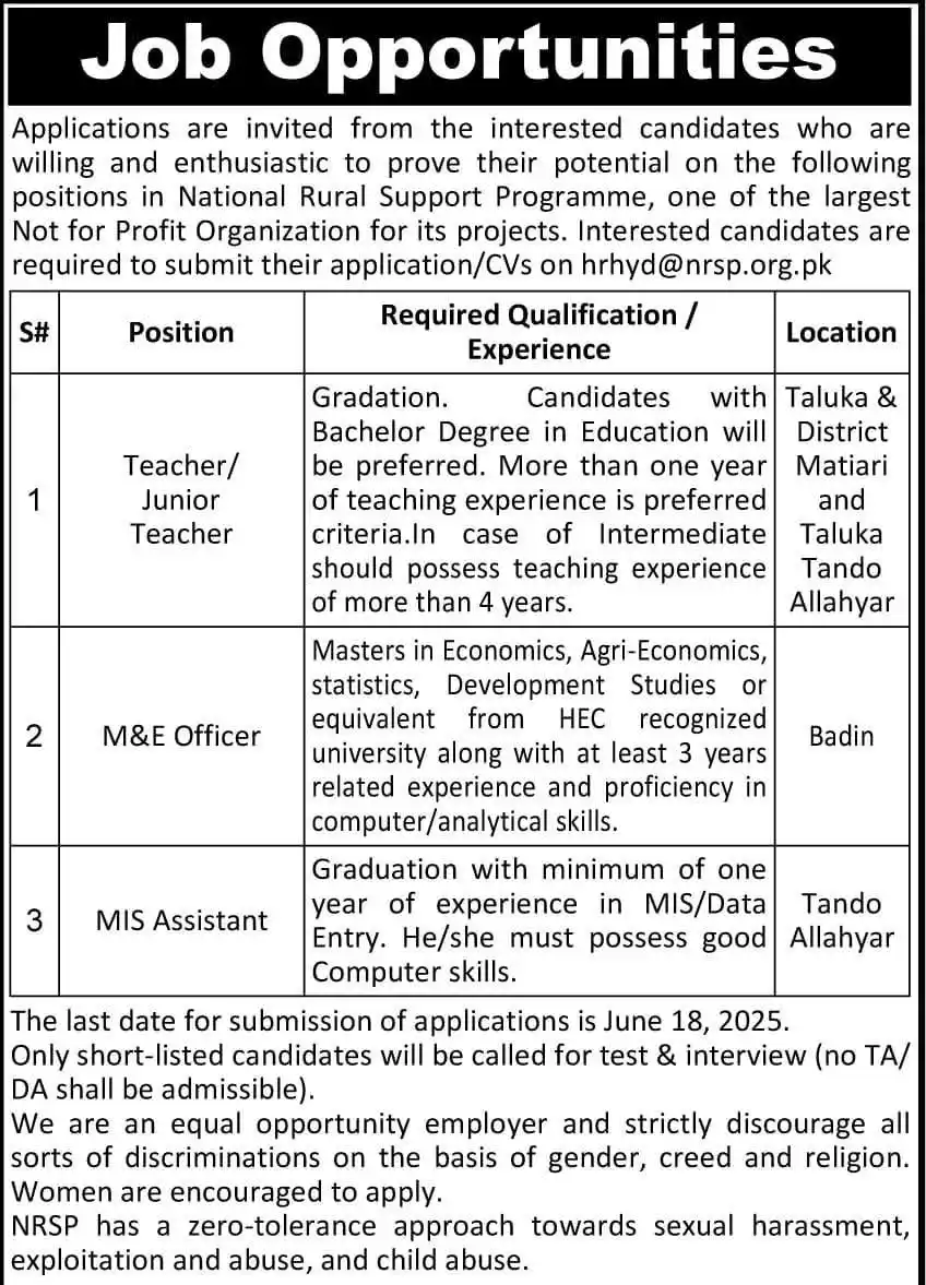 Image from 🇵🇰 Sindh Jobs Updates: 📢 *Job Announcement* *@ National Rural Support Programme (NRSP)* 💼...