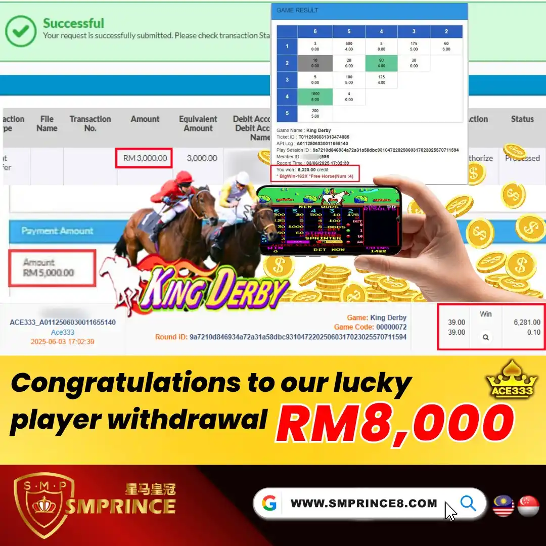 Image from 👑SMPRINCE星马皇冠👑: 🎯 快速选择,大奖立现!🏆 🍀 我们的幸运玩家刚刚在ACE333的“王者赛马”中赢得了8,000马币——在这里,明智的选择和幸运的...