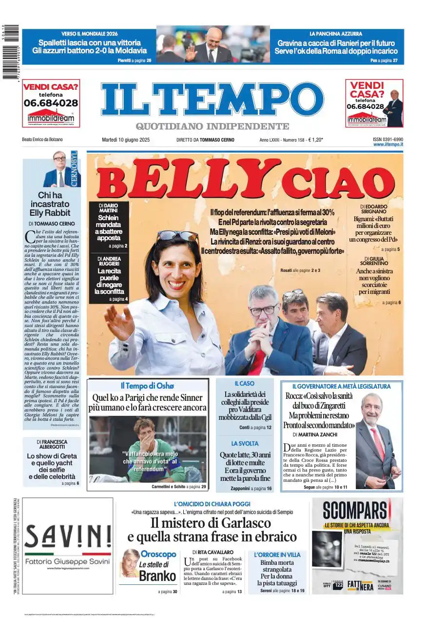 Image from Quotidiano Il Tempo: 🗞️ *La prima pagina del Tempo in edicola oggi:* 📌 BElly Ciao. Refer...