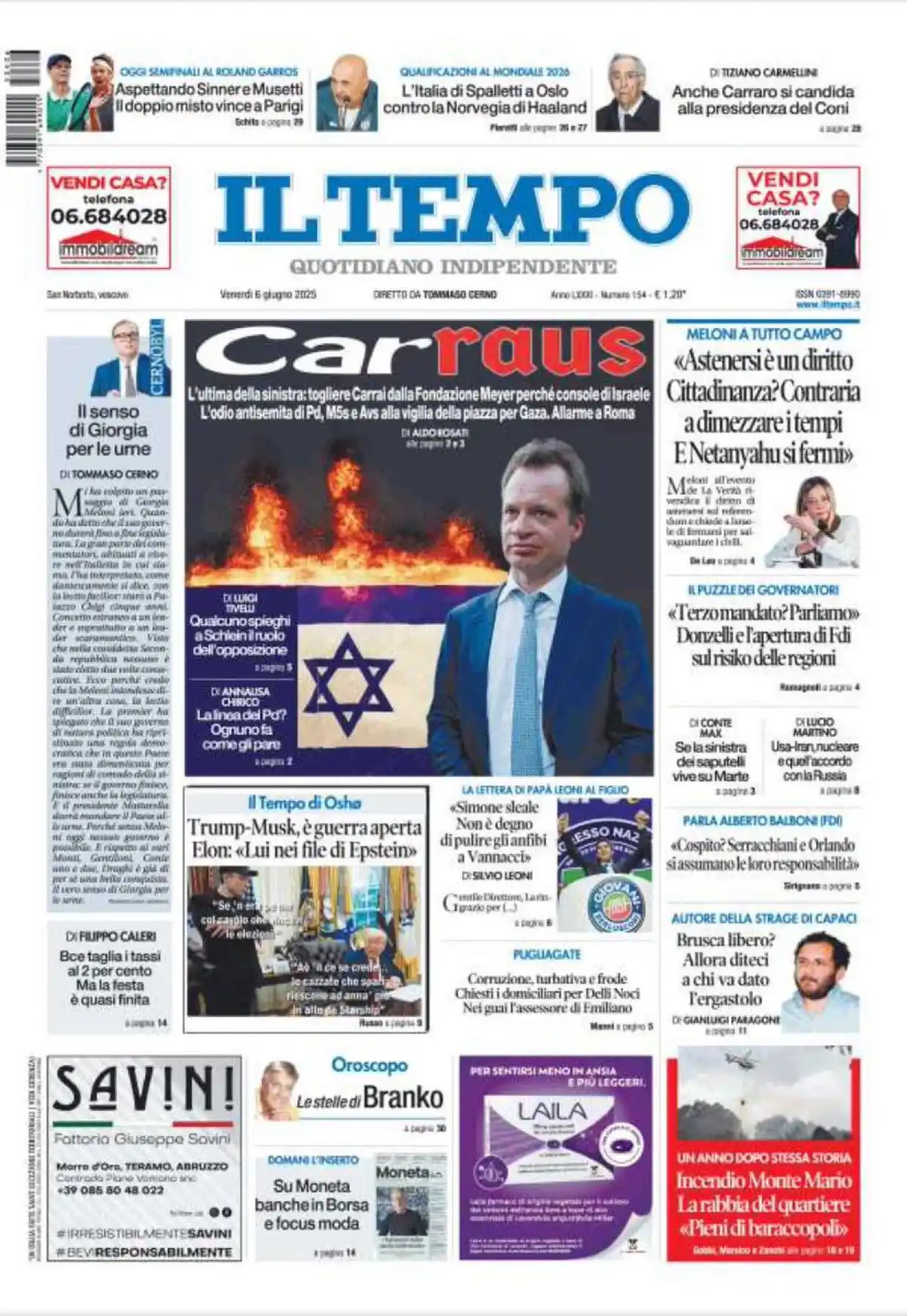 Image from Quotidiano Il Tempo: 🗞️ *La prima pagina del Tempo in edicola oggi:* 📌 CarRaus, l'odio a...