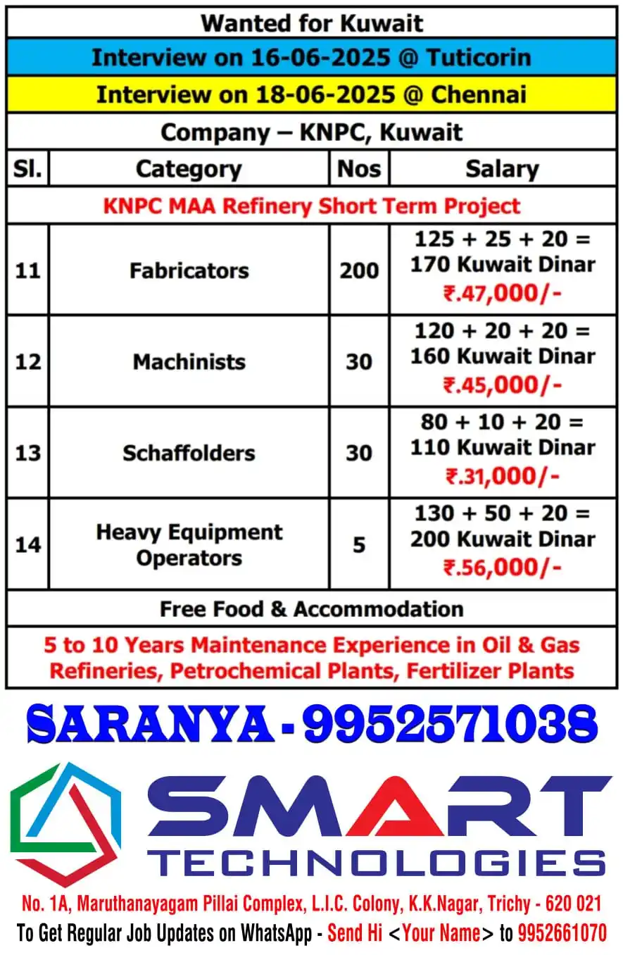 Image from SMART Technologies Trichy Travel Agency | Overseas Manpower Consultancy | Foreign Jobs | Abroad Jobs: New Demand - 16/06/2025 Interview Please Call Saranya - 9952571038...