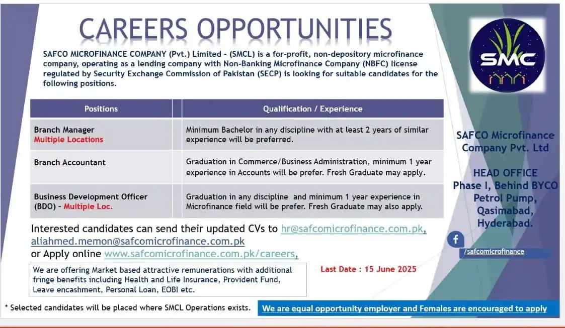 Image from 🇵🇰 Sindh Jobs Updates: 📢 نئی جابز کی خوشخبری! 💼 SAFCO Microfinance Company Ltd. میں شاندار ...