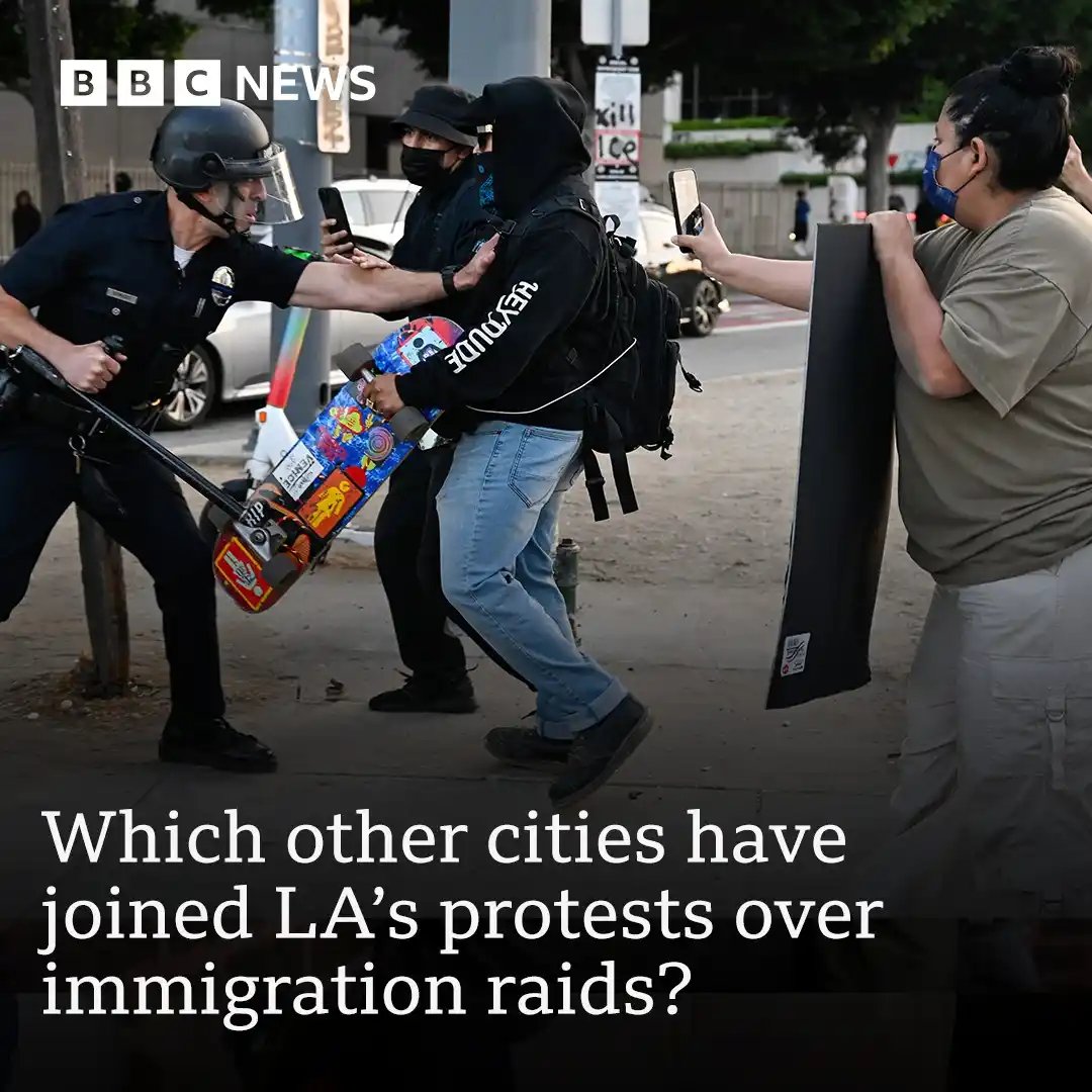 Image from BBC News US: Protests against federal immigration raids have now spread across the ...
