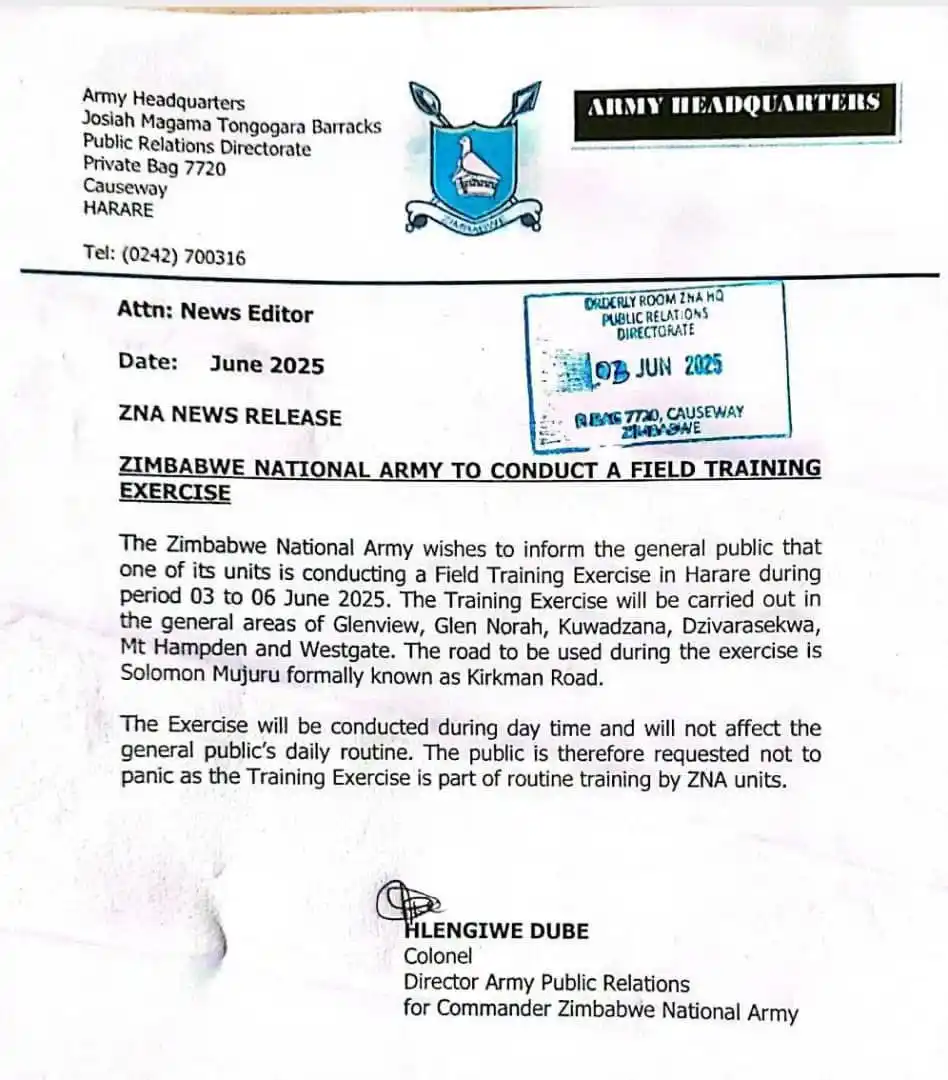 Image from 3Ktv Zimbabwe (Dstv Channel 293): ⚠️ The Zimbabwe National Army will be conducting routine field trainin...