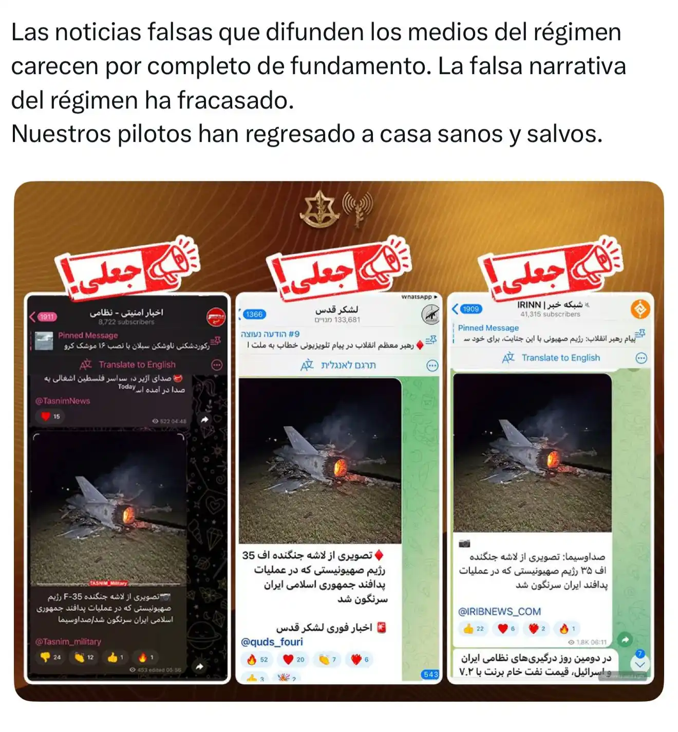 Image from Enlace Judío : 🚨 *Vocero en farsi de las FDI confirma que ningún caza de combate de ...