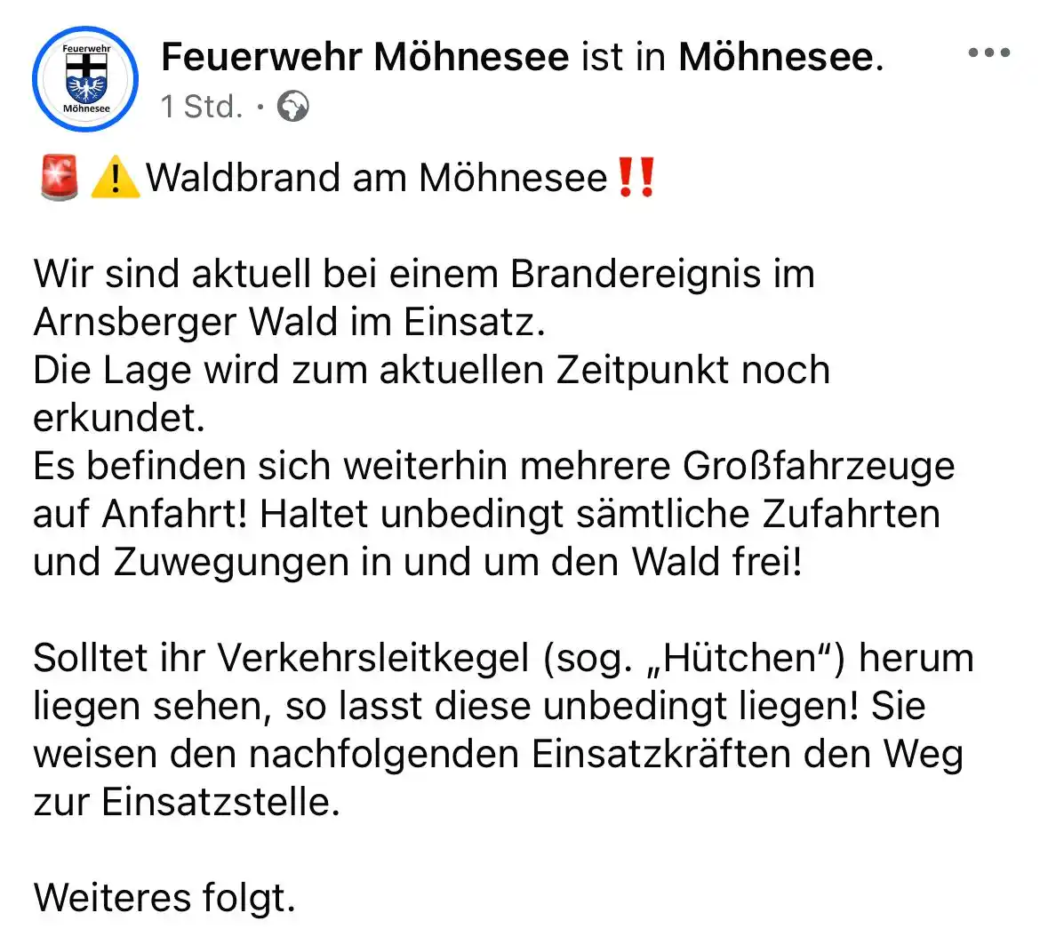 Image from Feuerwehr Stadt Soest: Wichtige Infos der Feuerwehr Möhnesee! Auch wir unterstützen derzeit ...