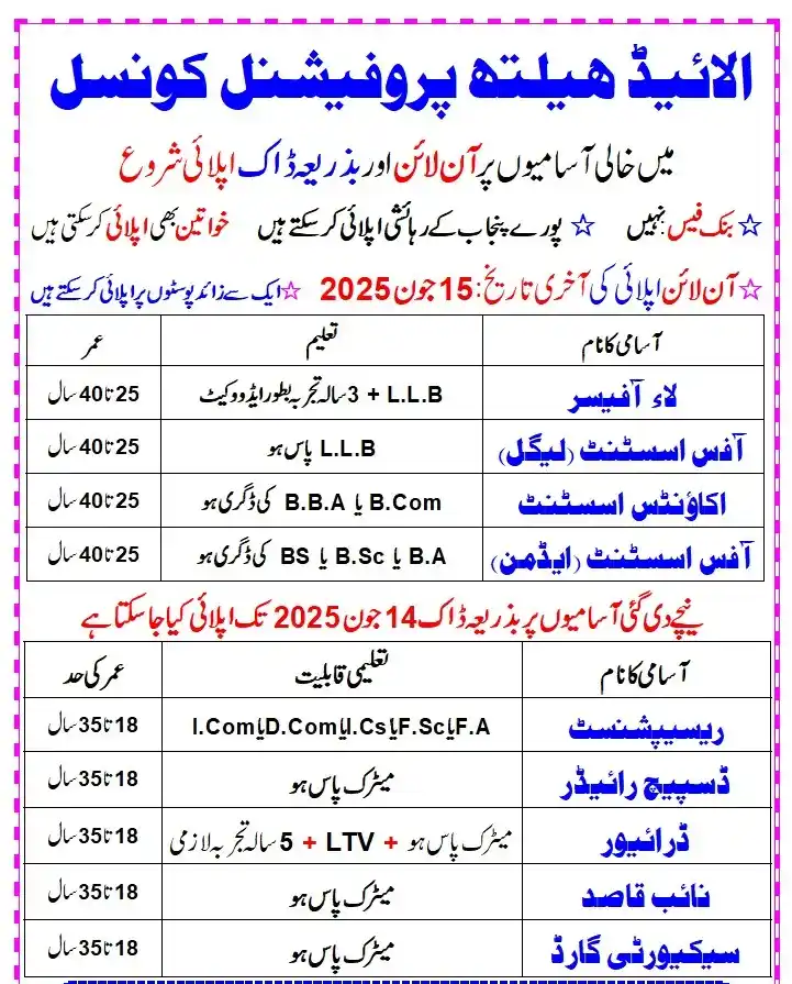 Image from NJP Jobs: الائیڈ ہیلتھ پروفیشنل کونسل آف پاکستان کو فعال کرنے ، رجسٹریشن، لائیسن...