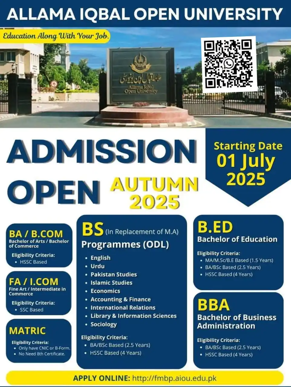 Image from University Guide Pakistan (OFFICIAL) 🇵🇰 🎓: *Allama Iqbal Open University (AIOU) Admission Autumn 2025* Starting f...