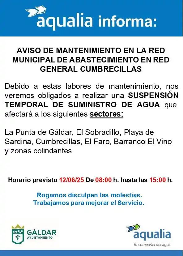 Image from Ayuntamiento de Gáldar: 💧 Aqualia comunica que, debido a trabajos de mantenimiento en la red ...