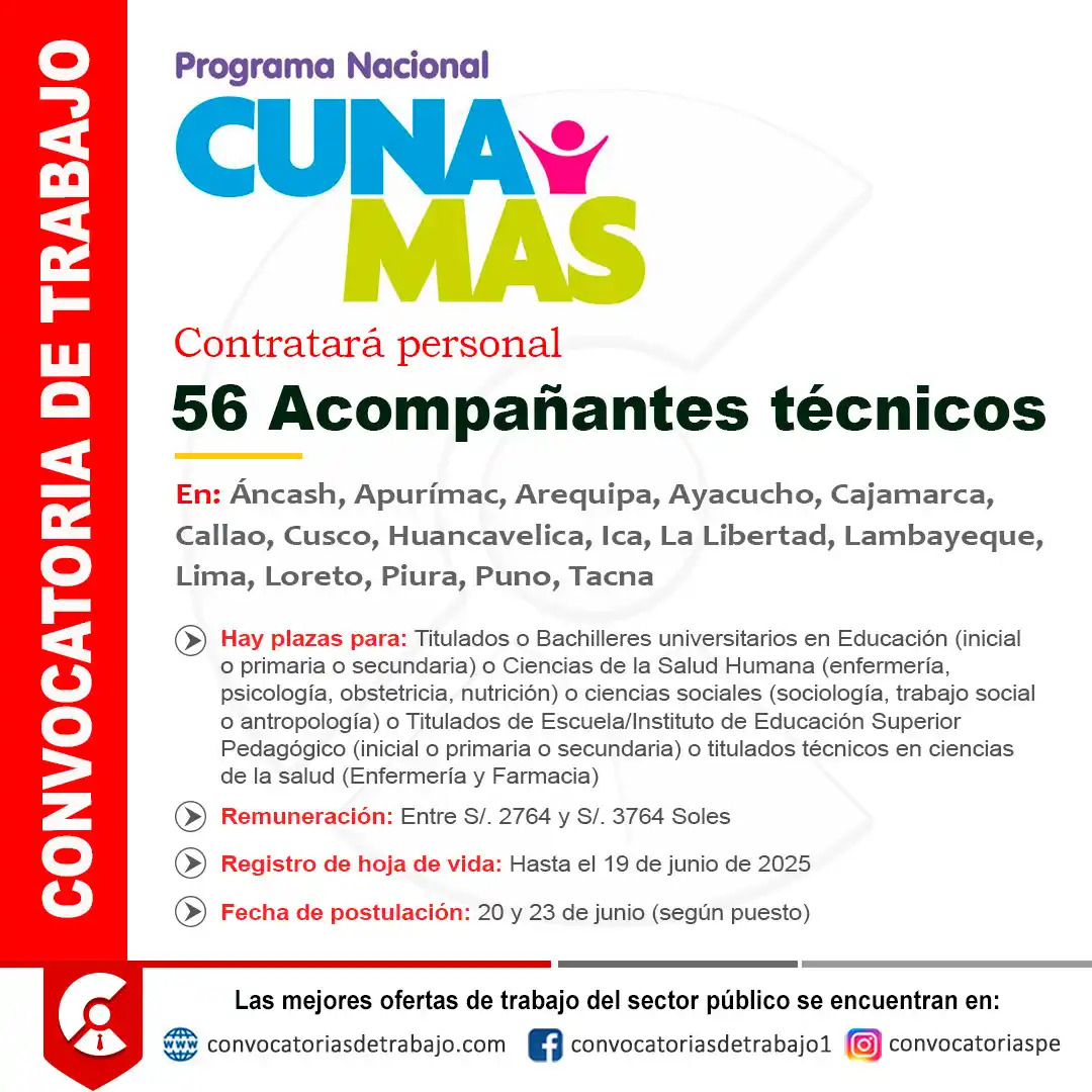 Image from Convocatorias Enfermería: Empleos - Prácticas - Capacitaciones: 📣 CUNAMAS requiere 56 Acompañantes técnicos 📄 Más información 👉 htt...