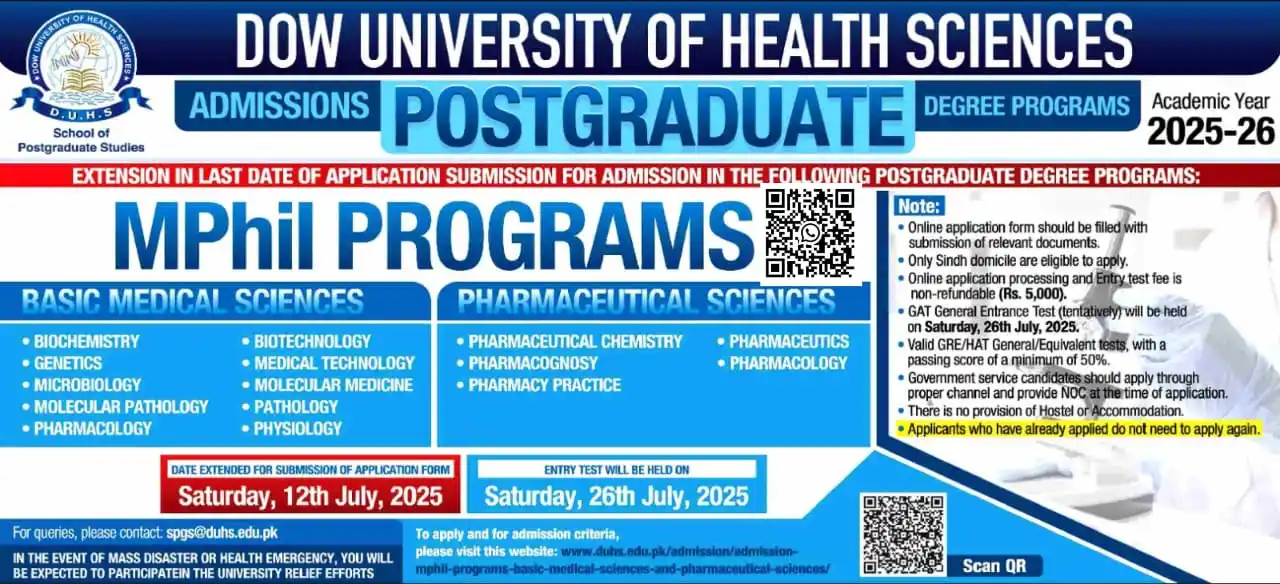 Image from University Guide Pakistan (OFFICIAL) 🇵🇰 🎓: *Dow University of Health Sciences (DUHS), Karachi* MPhil Programs Adm...