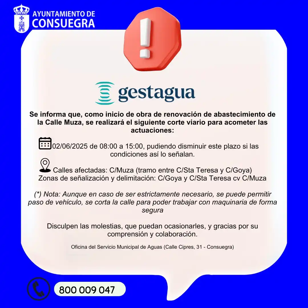 Image from AytoConsuegra: 📣 *GESTAGUA COMUNICADO:*  ℹ️ Se informa que, como inicio de 👷obra de...