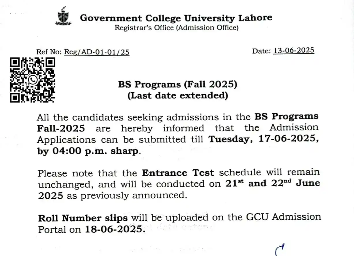 Image from University Guide Pakistan (OFFICIAL) 🇵🇰 🎓: *Government College University Lahore (GCU Lahore)* Last Date Extend...