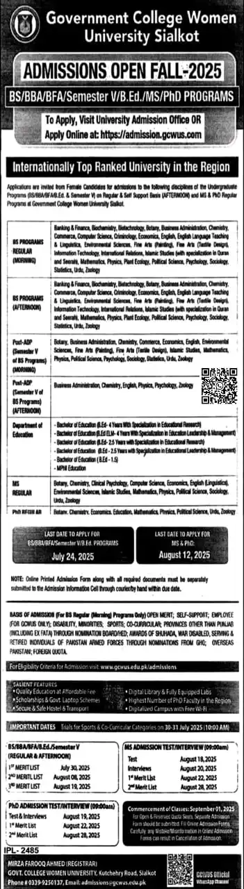 Image from University Guide Pakistan (OFFICIAL) 🇵🇰 🎓: *Government College Women University, Sialkot (GCWUS)* Admissions Fall...