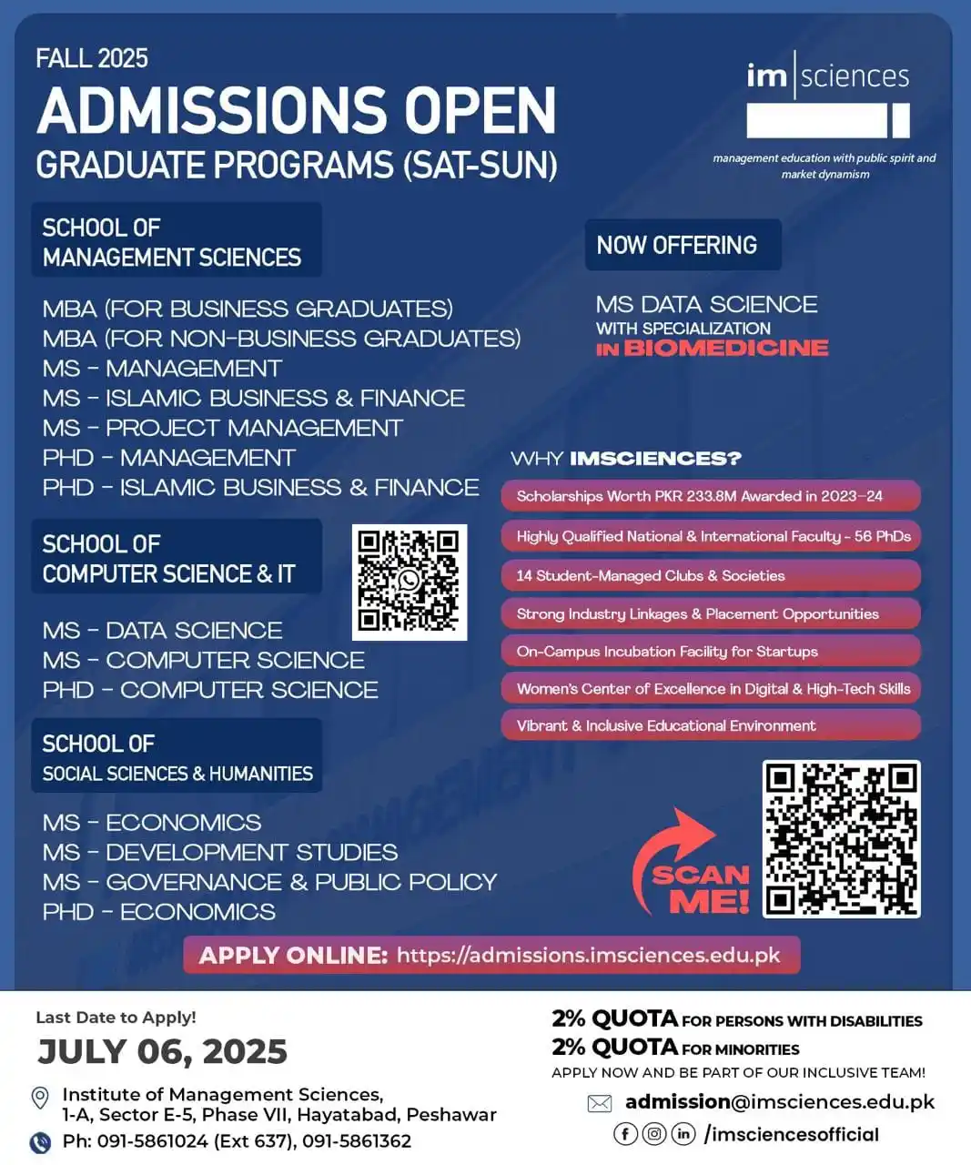 Image from University Guide Pakistan (OFFICIAL) 🇵🇰 🎓: *Institute of Management Sciences (IMSciences), Peshawar* Graduate Pro...