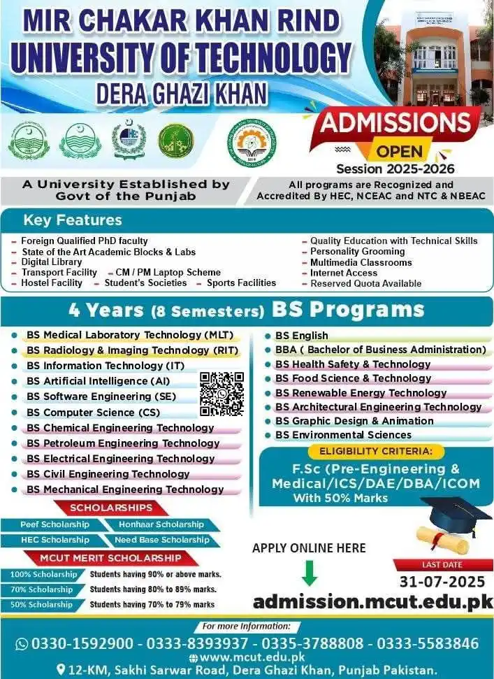 Image from University Guide Pakistan (OFFICIAL) 🇵🇰 🎓: *Mir Chakar Khan Rind University of Technology, Dera Ghazi Khan* Admis...