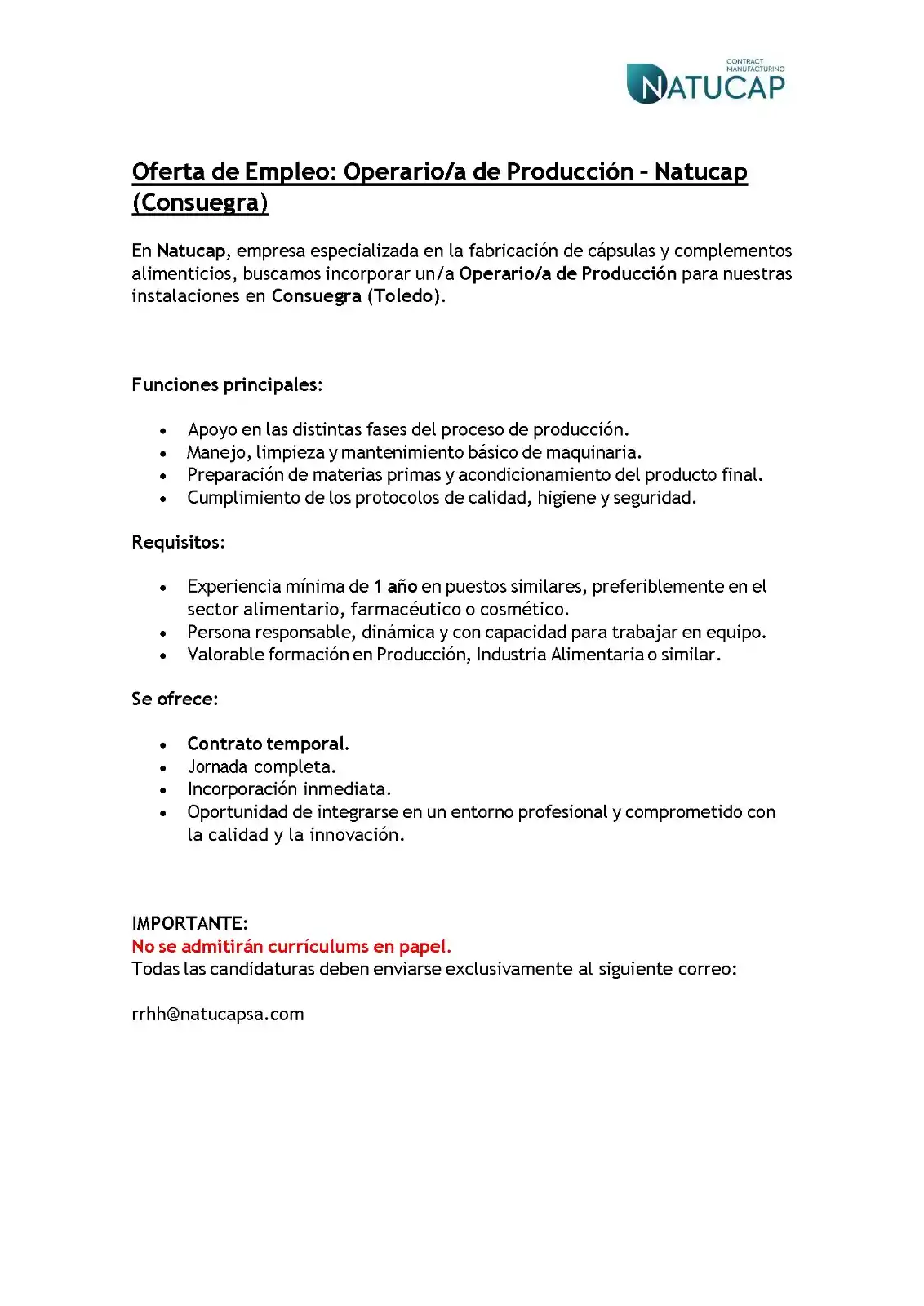 Image from AytoConsuegra: 💼 OFERTA EMPLEO PRIVADO ℹ️ @natucapsa 📧 Enviar CV ➡️ rrhh@natucaps...