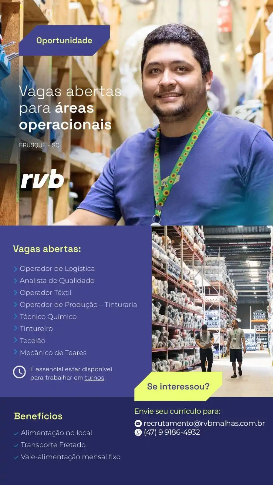 Image from O Município : *OPORTUNIDADES DE TRABALHO!* 📢🚀 _A *RVB* está em busca de pessoas c...