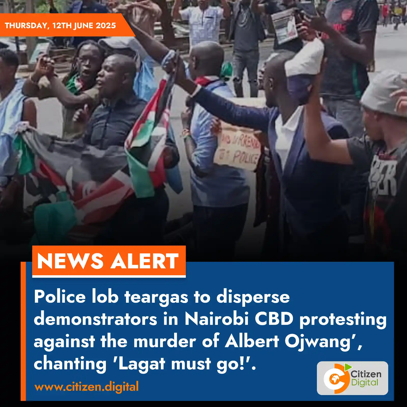 Image from Citizen Digital: Police lob teargas to disperse demonstrators in Nairobi CBD protesting...