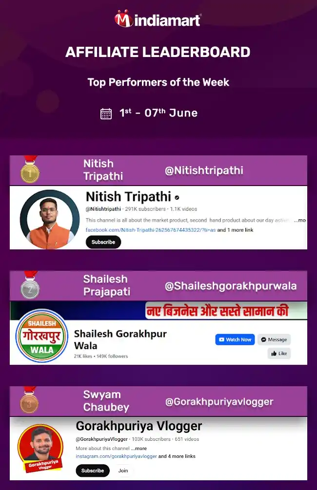 Image from IndiaMART Creator Program: 🏆 *Top Affiliates of the Week!* Here are our Top 3 Affiliates who roc...