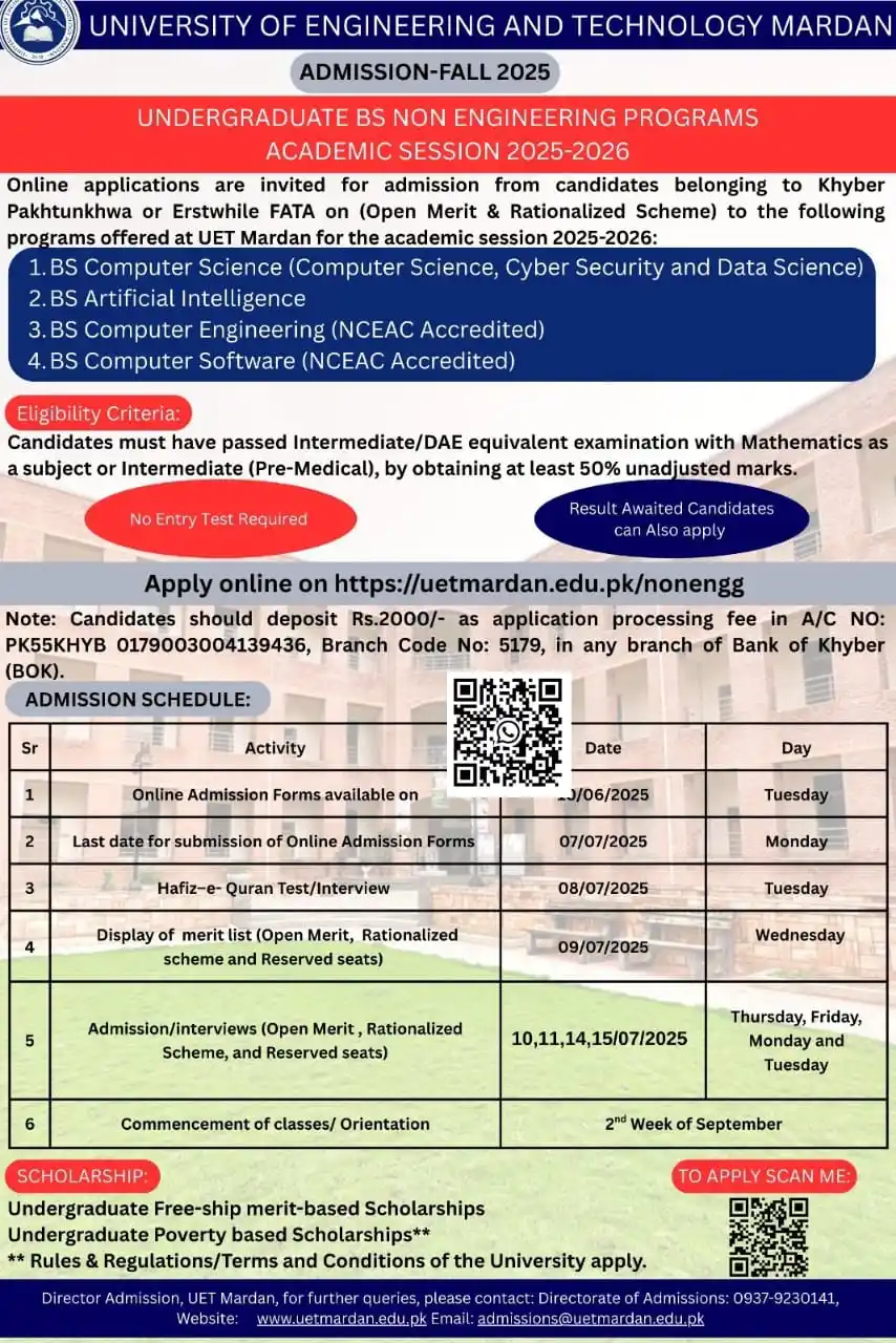Image from University Guide Pakistan (OFFICIAL) 🇵🇰 🎓: *University of Engineering & Technology (UET), Mardan* Undergraduate N...