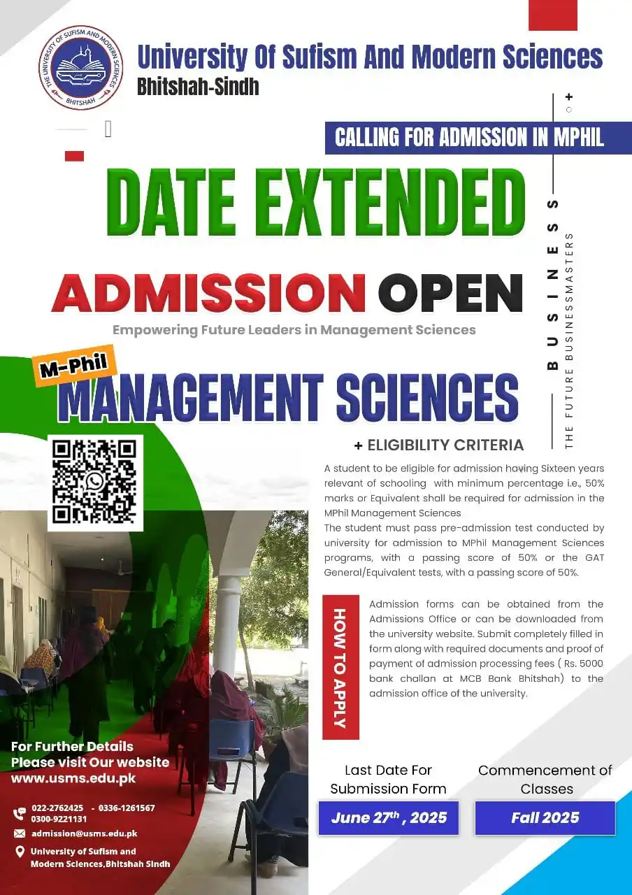 Image from University Guide Pakistan (OFFICIAL) 🇵🇰 🎓: *University of Sufism & Modern Sciences, Bhitshah* MPhil Management Sc...