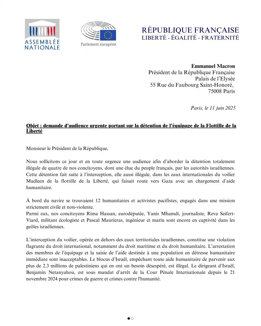 Image from Manon Aubry - Infos et Actus : - URGENT - La détention illégale de Rima Hassan, eurodéputée, de Yani...