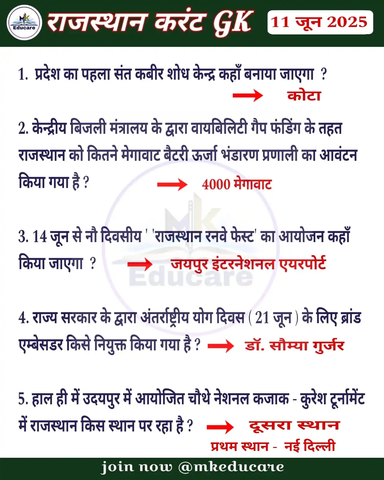 MK EDUCARE   राजस्थान करंट GK ✍️ post