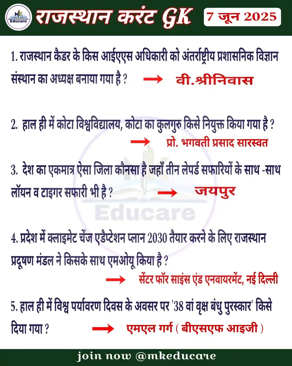 MK EDUCARE   राजस्थान करंट GK ✍️ post