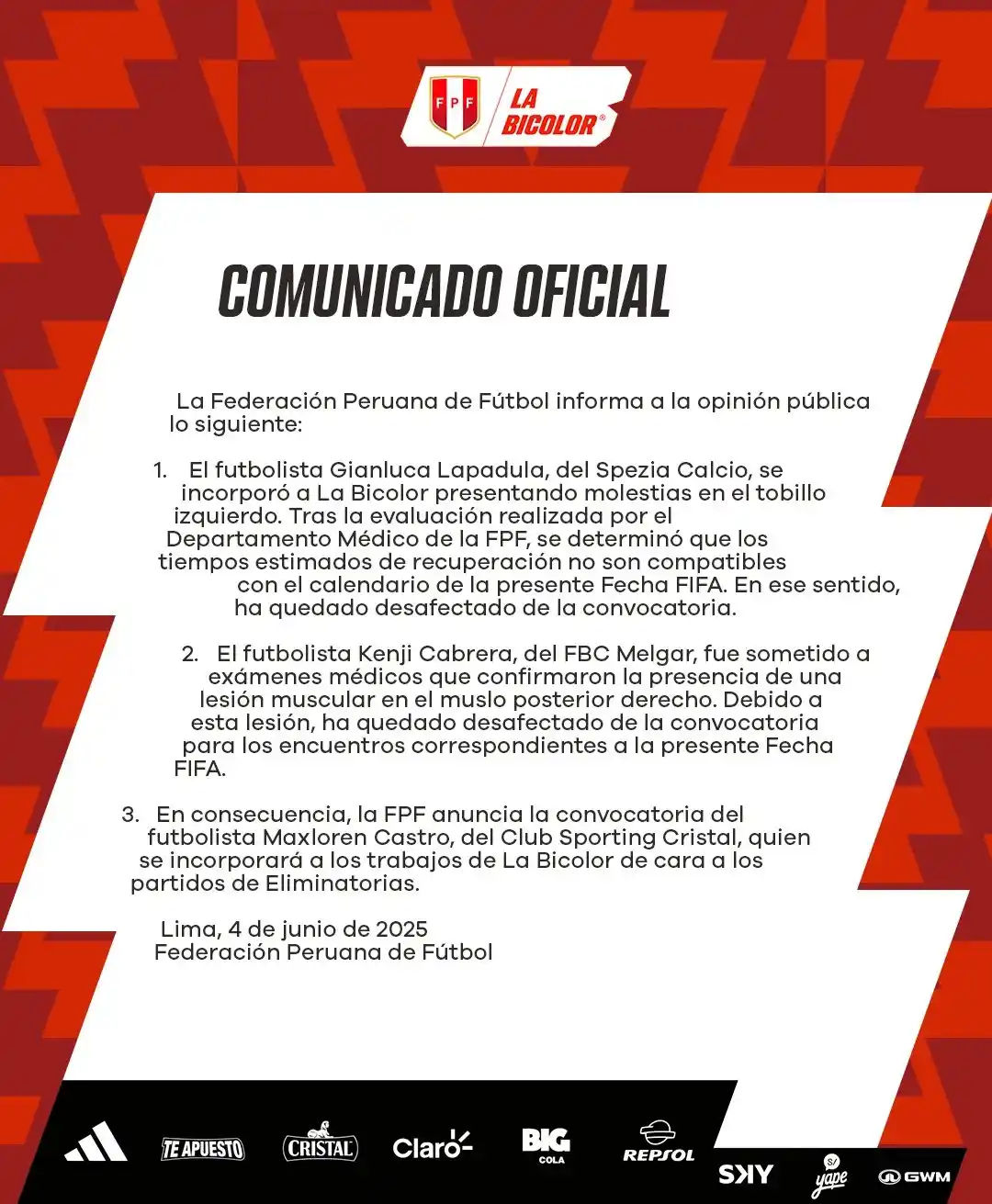 Image from Havoline Deportivo: ❌ BAJAS EN ‘LA BICOLOR’: Gianluca Lapadula y Kenji Cabrera quedaron de...