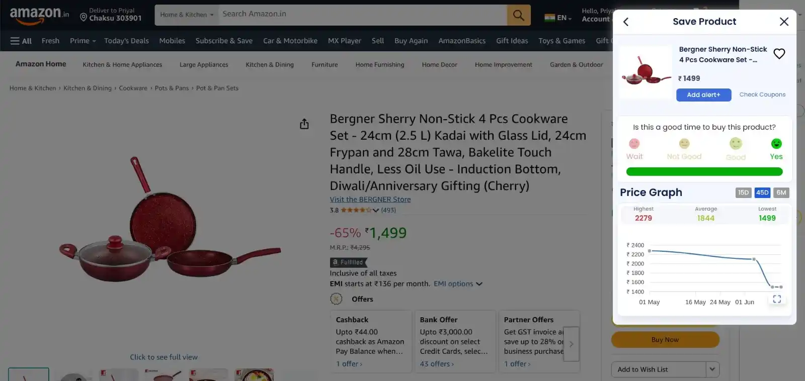Image from FLIPSHOPE - Deals and Offers: Bergner Sherry Non-Stick 4 Pcs Cookware Set - 24cm (2.5 L) Kadai with ...