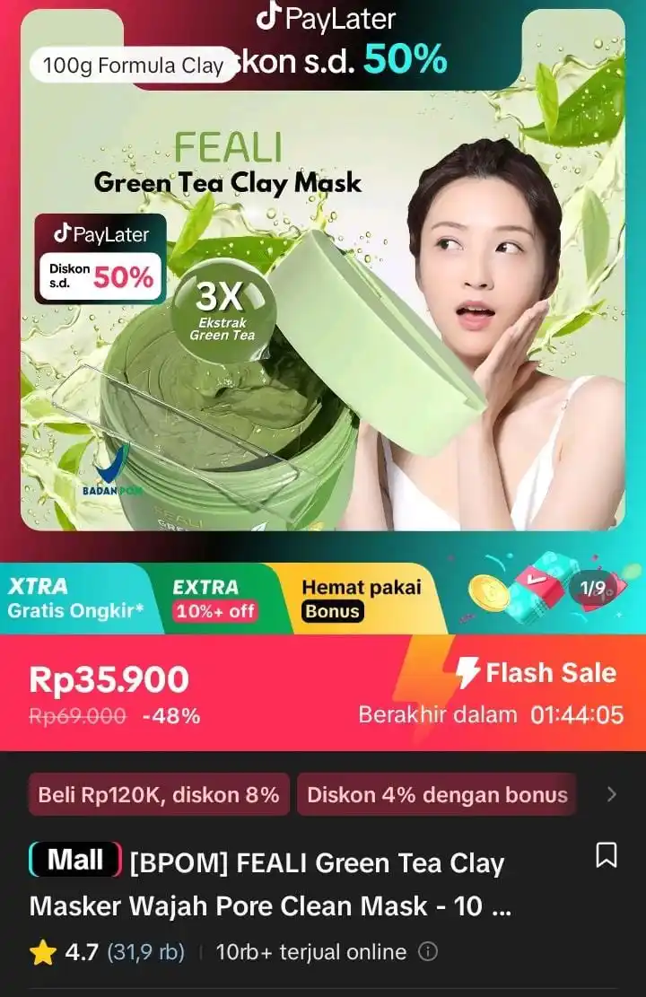 Image from Racun Shopee X Tiktok ( tiktokshop-tokopedia )⭐️: [BPOM] FEALI Green Tea Clay Masker Wajah Pore Clean Mask - 100gr Hijau...