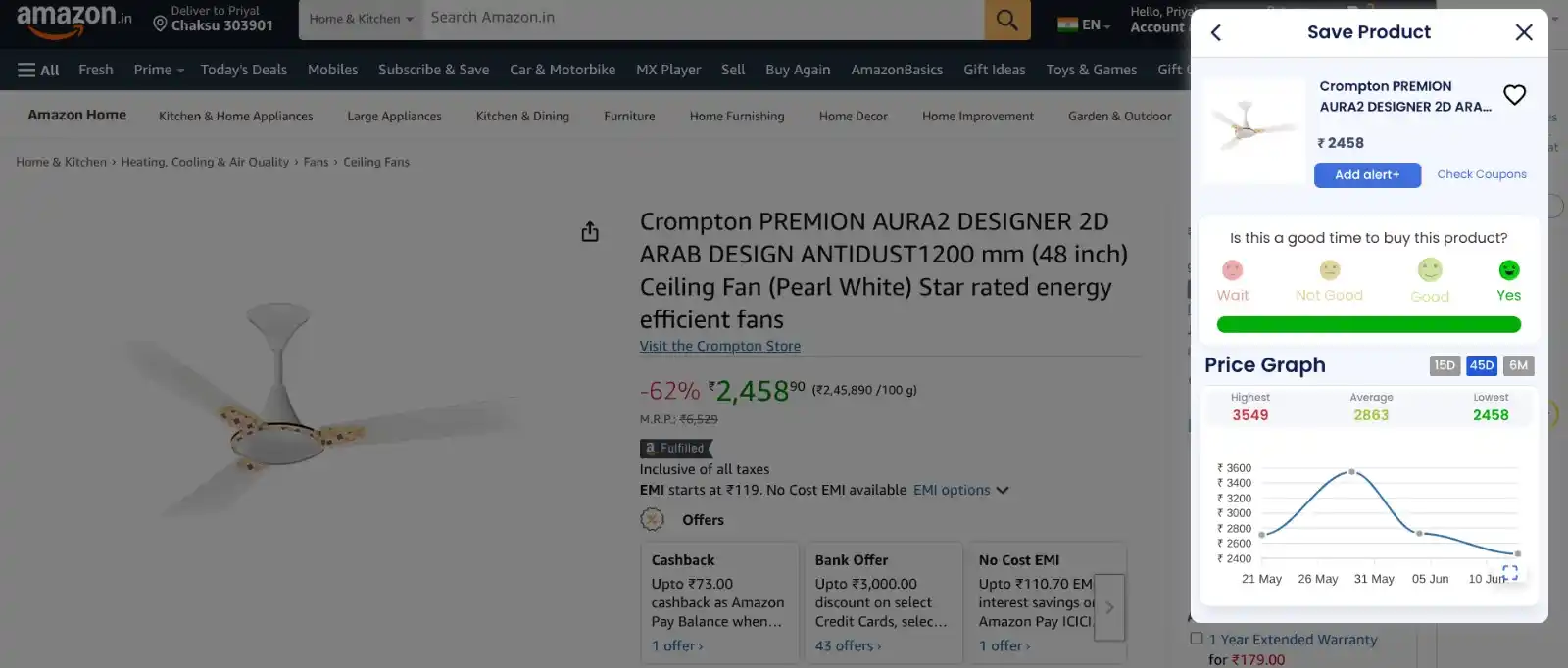 Image from FLIPSHOPE - Deals and Offers: Crompton PREMION AURA2 DESIGNER 1200 mm (48 inch) Ceiling Fan @2458 �...