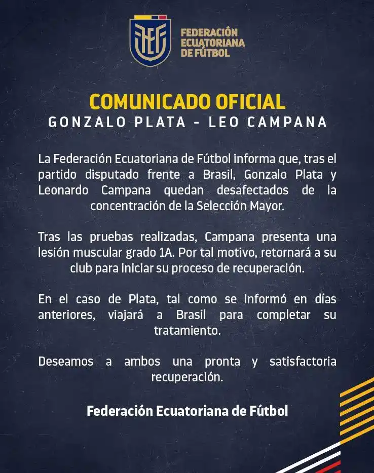 Image from Havoline Deportivo: ❌🇪🇨 NUEVA BAJA EN LA TRI: La Federación Ecuatoriana de Fútbol anunci...