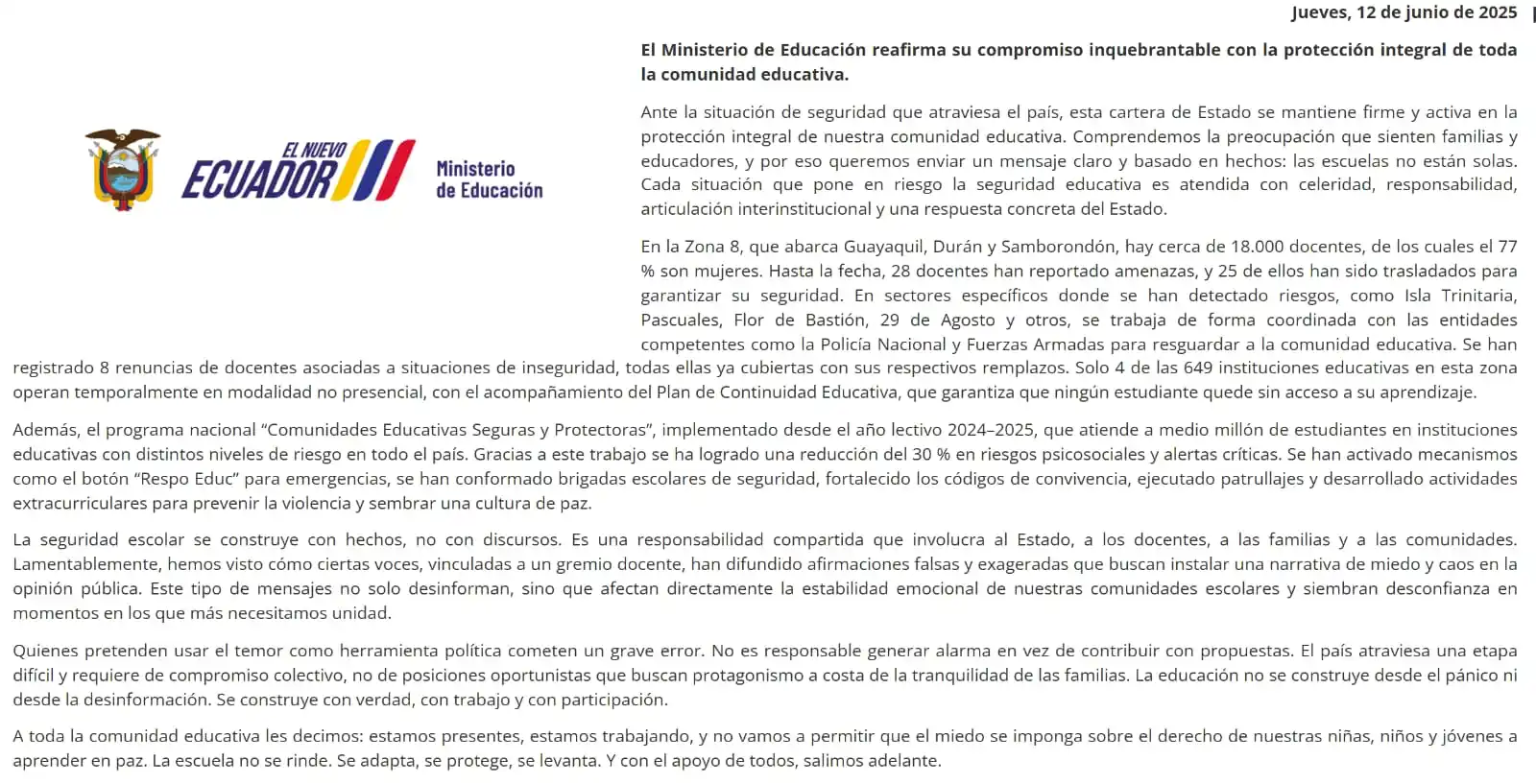 Image from Stereo Rumiñahui RTV: El ministerio de @Educacion_Ec tildó de falsas y exageradas las afirma...