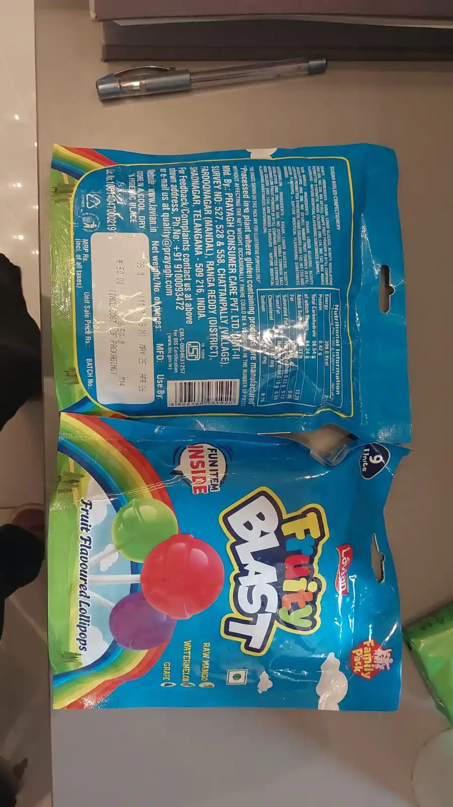 Image from RateOMatic: Fruity blast Mrp : 50/- Box size : 24 pc Net vol : 99 gm Exp : 4/2026 ...