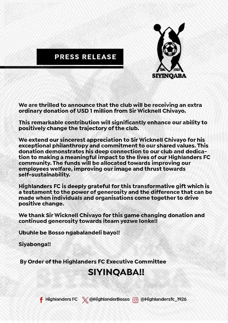 Image from ZNN News: 📰 Highlanders FC has sincerely thanked business mogul Wicknell Chivha...