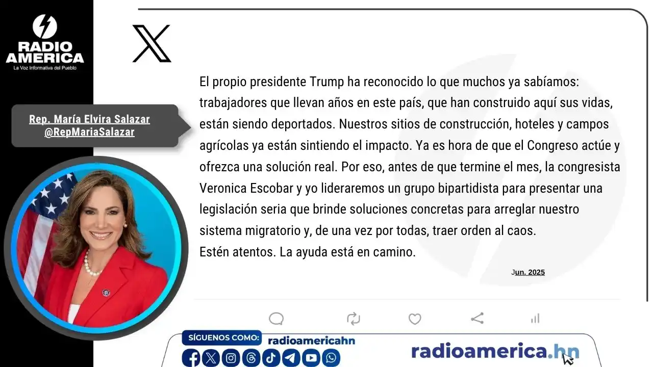Image from Radio América Honduras: La congresista María Elvira Salazar, manifestó que antes de finalice e...