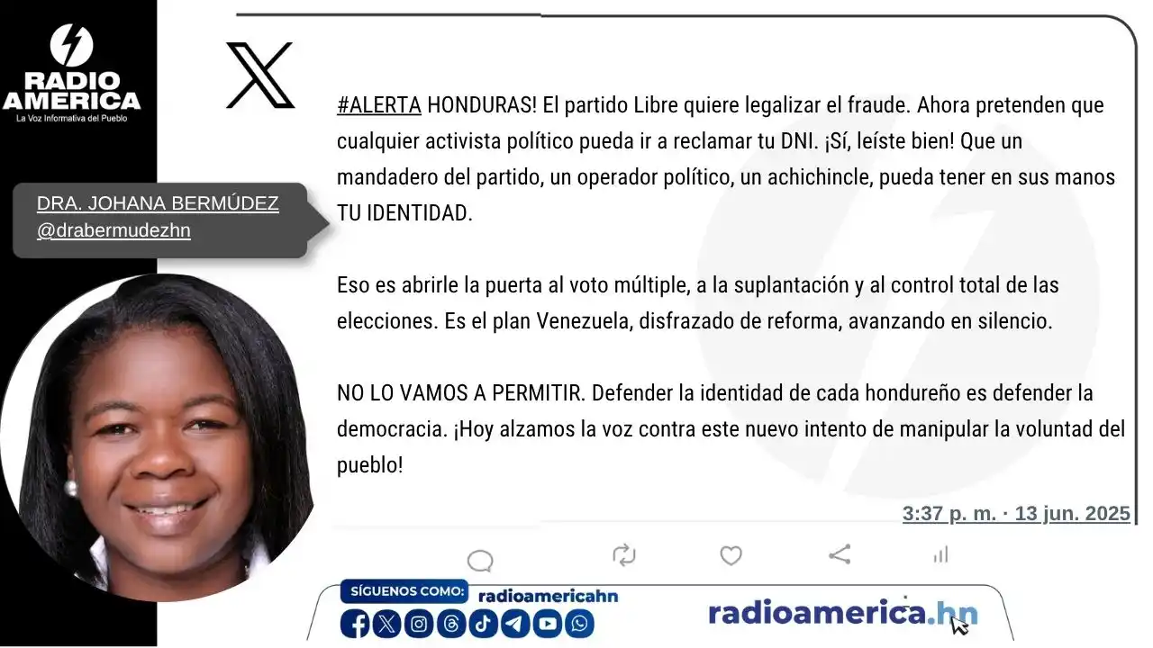 Image from Radio América Honduras: La diputada nacionalista Johana Bermúdez dice que "el Partido Libre qu...
