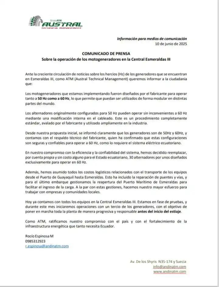 Image from Stereo Rumiñahui RTV: La empresa Austral reconoce que trajo al país generadores que funciona...