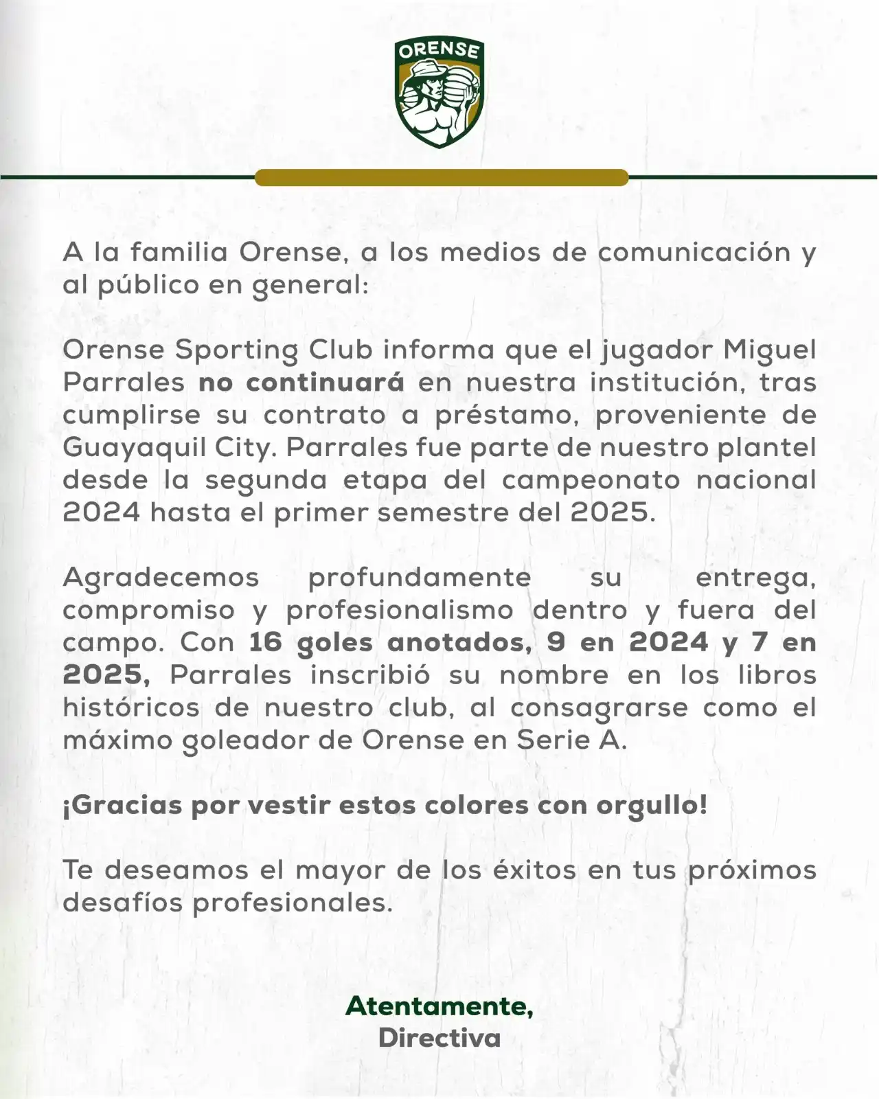 Image from Havoline Deportivo: 🆕🟩 Mediante un comunicado oficial, Orense informó que Miguel Parrale...