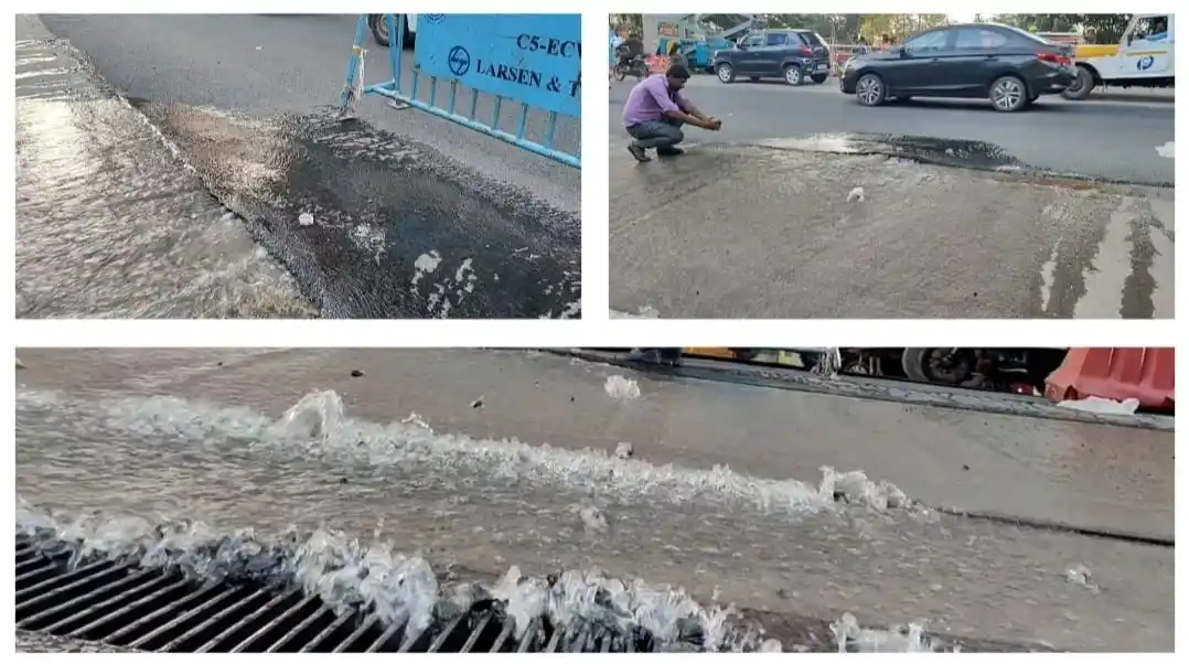 Image from The Great India News: மெட்ரோ பாலம் விபத்து இடம் : சாலையை பிளந்து கொண்டு பெருக்கெடுத்த தண்ணீர...